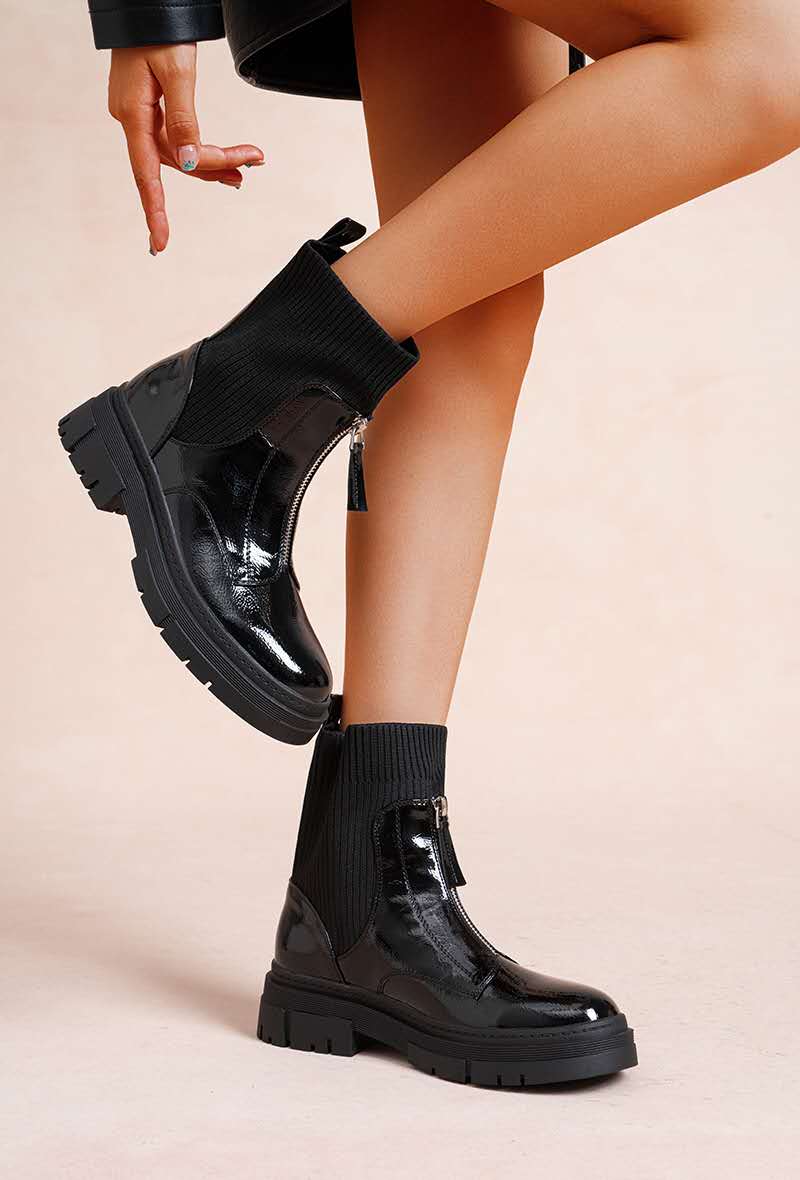 Chelsea boots chaussette zippé, Noir vernis