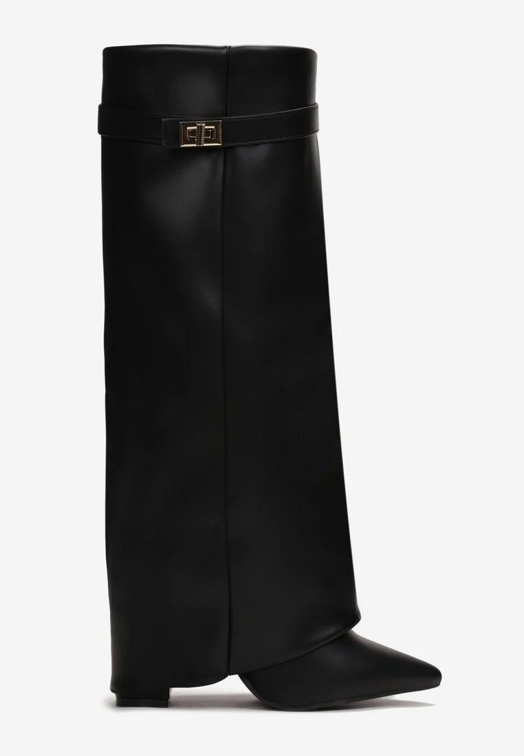 Bottes à Revers à talons, bout pointu et boucle bijou - noir