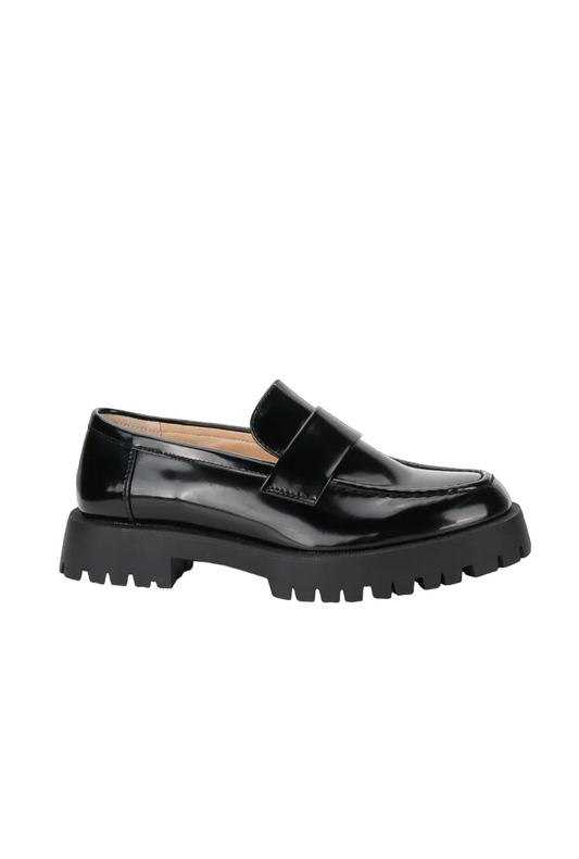 Loafer Mocassin Femmes semelle crantée, Noir Verni