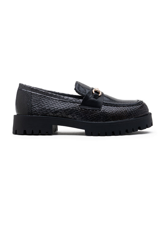 Loafer Mocassin effet serpent semelle crantée, Noir