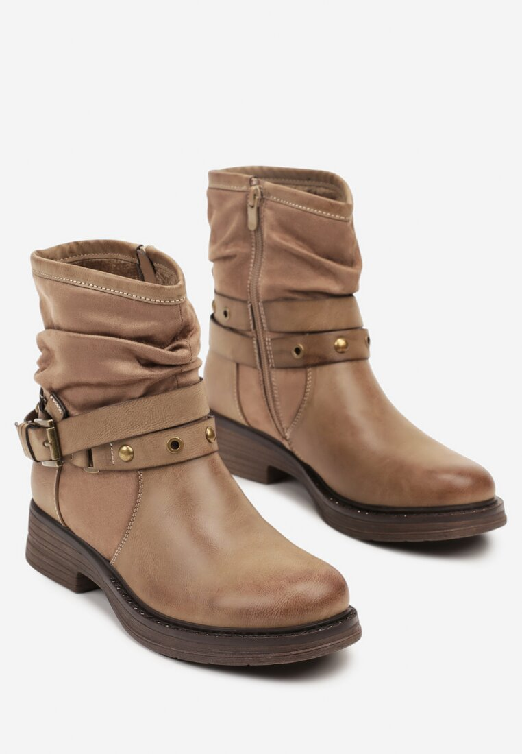 Bottines femmes plates plissée à brides cloutées, Taupe