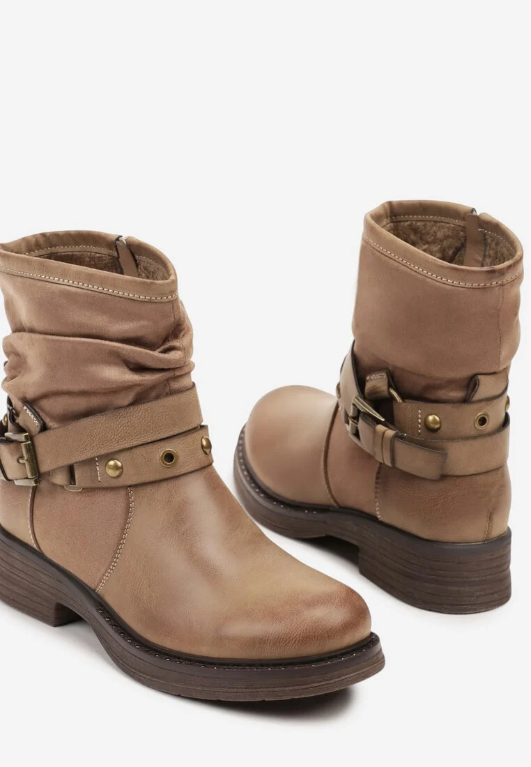 Bottines femmes plates plissée à brides cloutées, Taupe