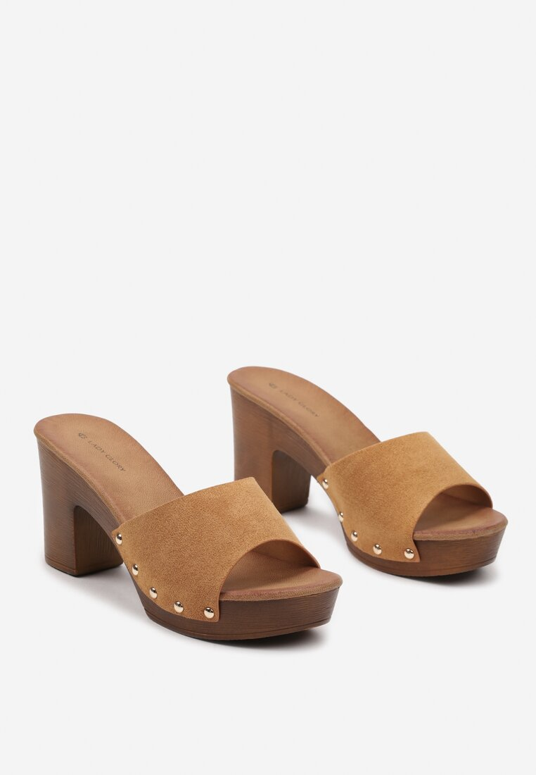 Mules plateforme larges brides à talons, Camel