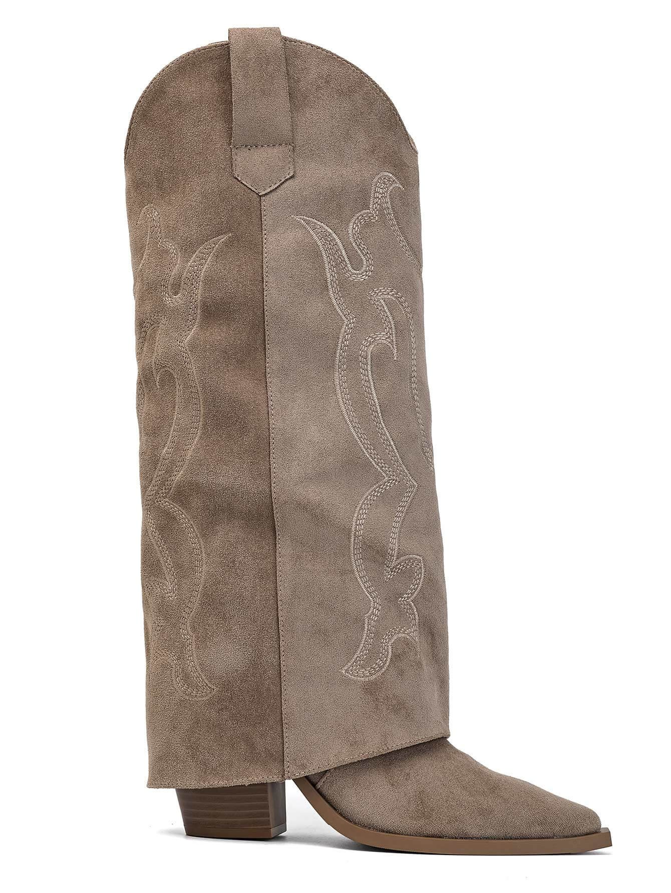 Bottes Hautes à Revers Style Santiags Taupe