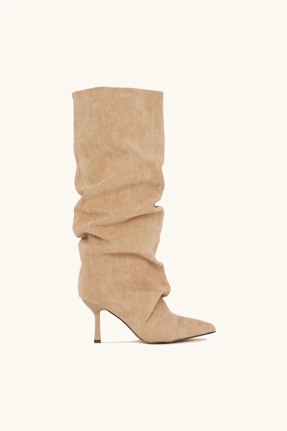 Bottes slouchy suédine à talon aiguille, Taupe