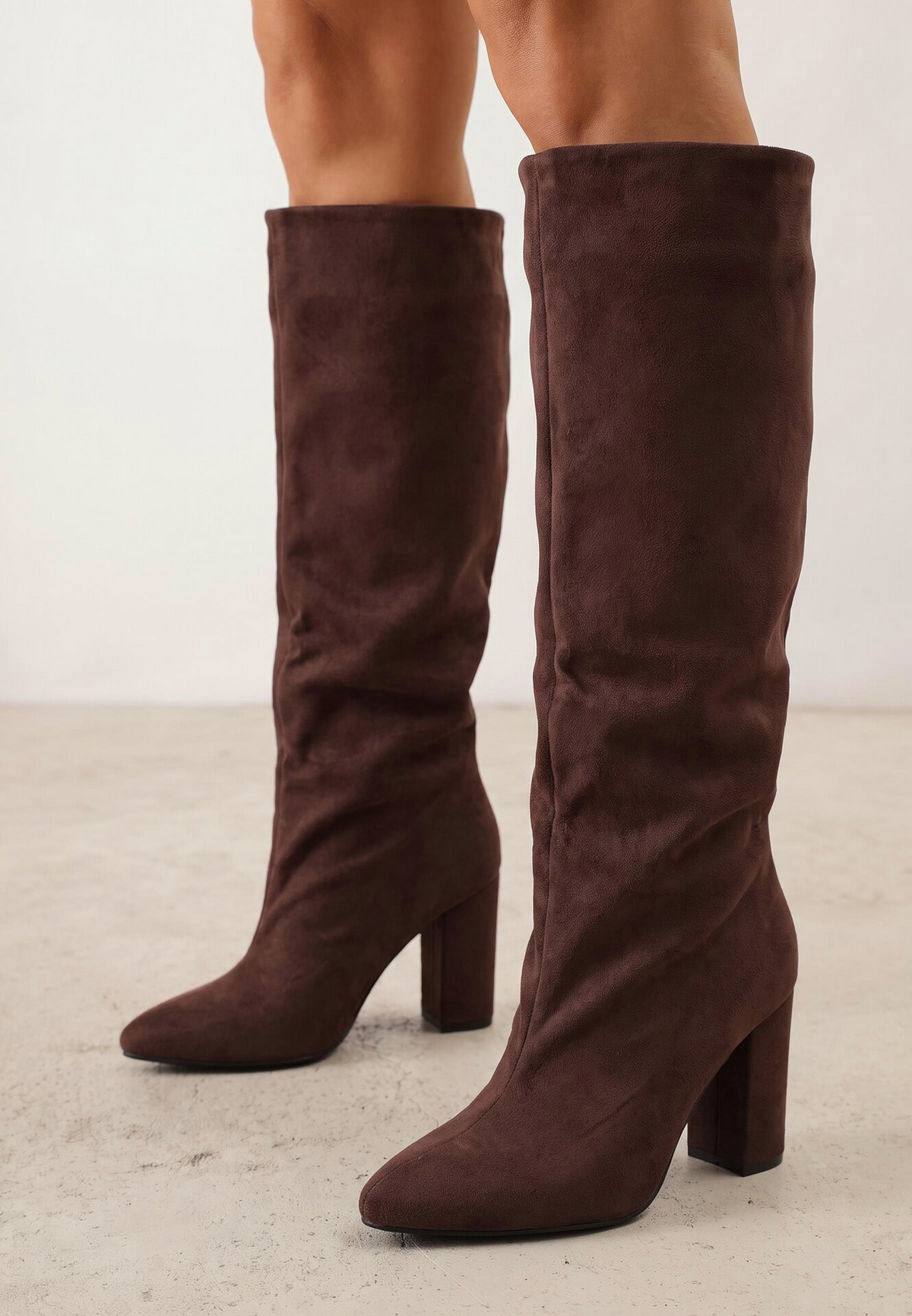 Bottes bout pointu souple plissé à talon bloc, Marron