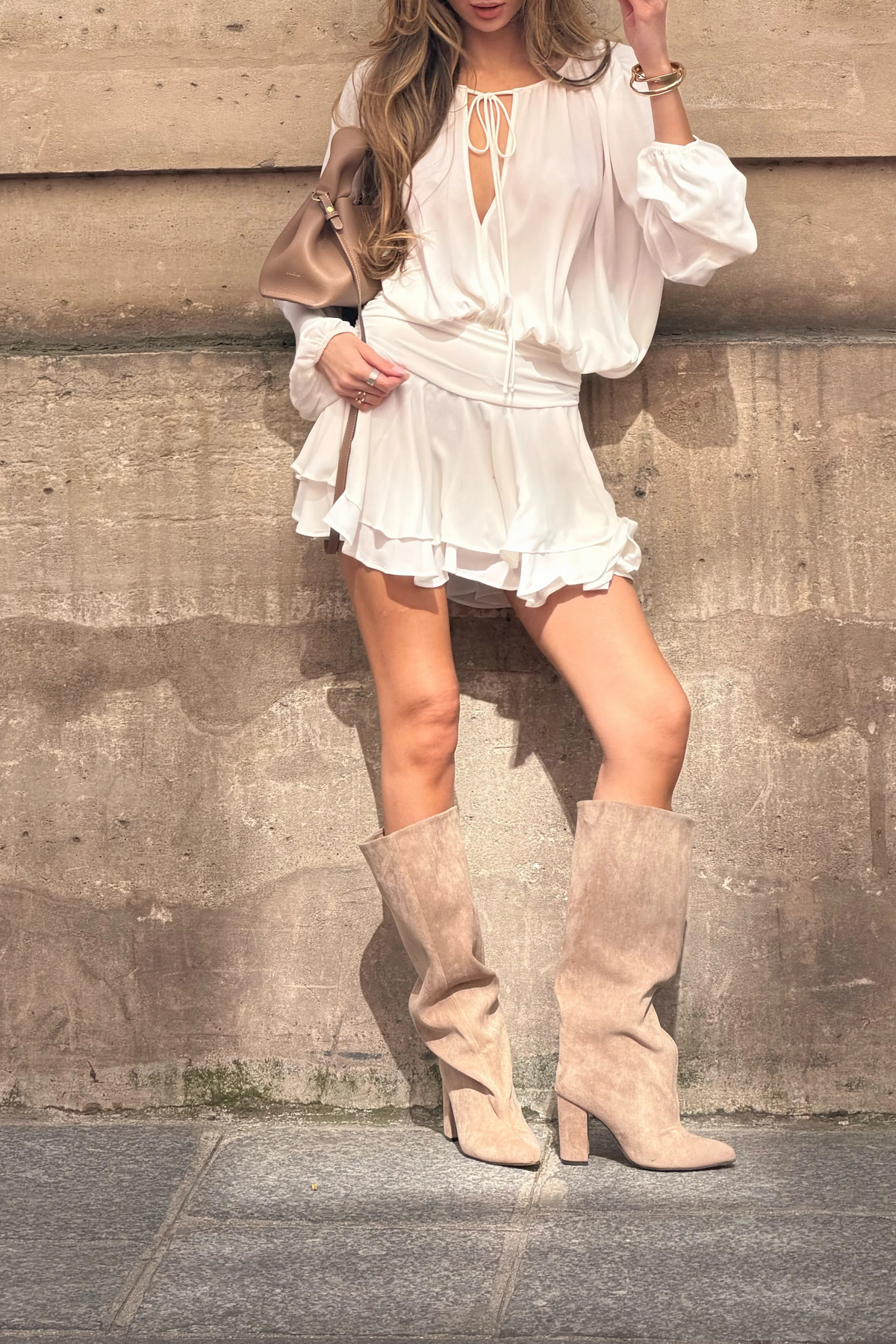 Bottes bout pointu souple plissé à talon bloc, Taupe