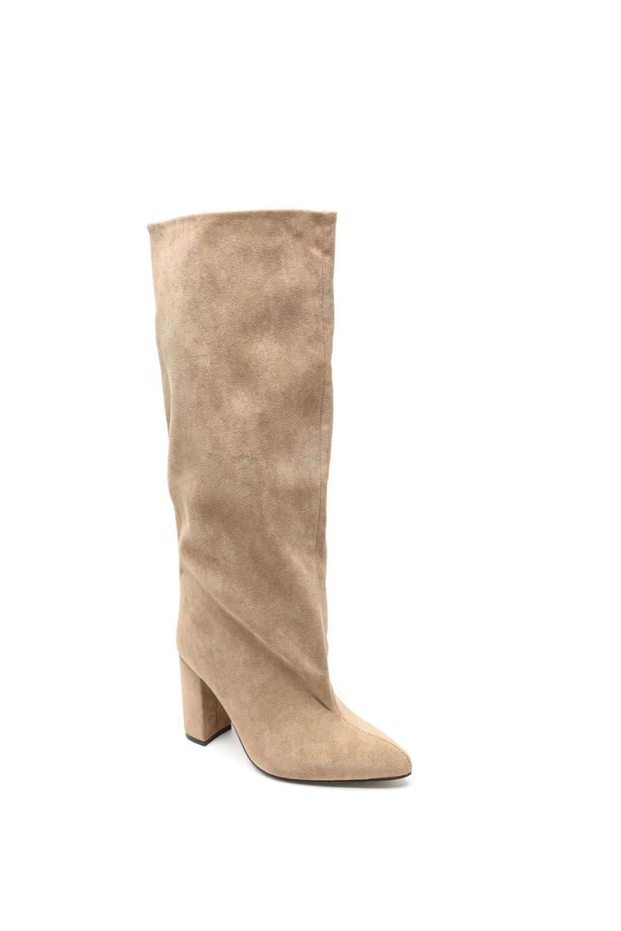 Bottes bout pointu souple plissé à talon bloc, Taupe