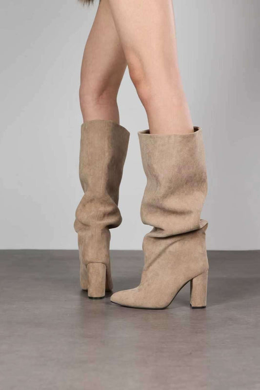 Bottes bout pointu souple plissé à talon bloc, Taupe