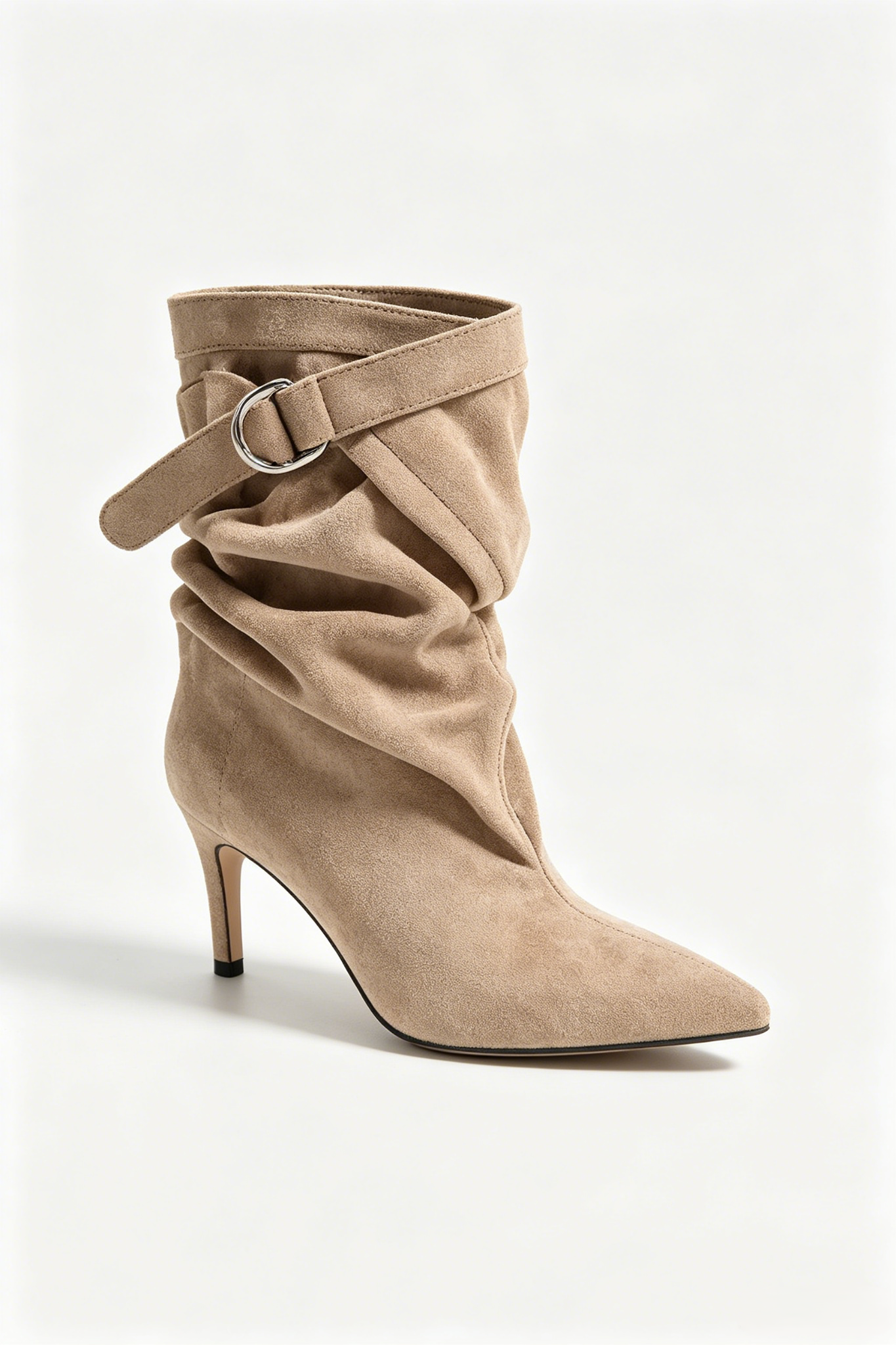 Bottines Plissées à Talon Aiguille et Boucle - taupe