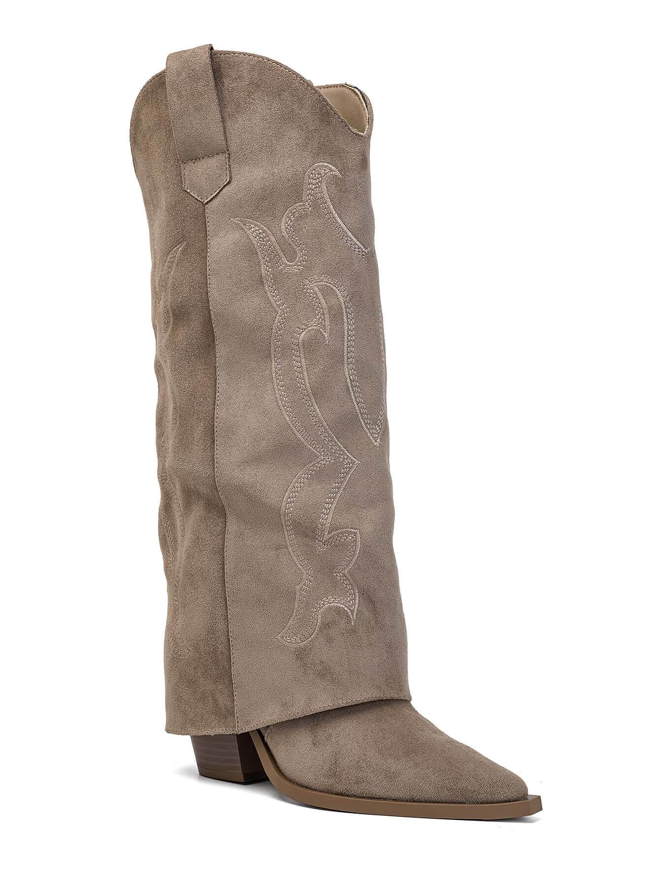 Bottes Hautes à Revers Style Santiags Taupe