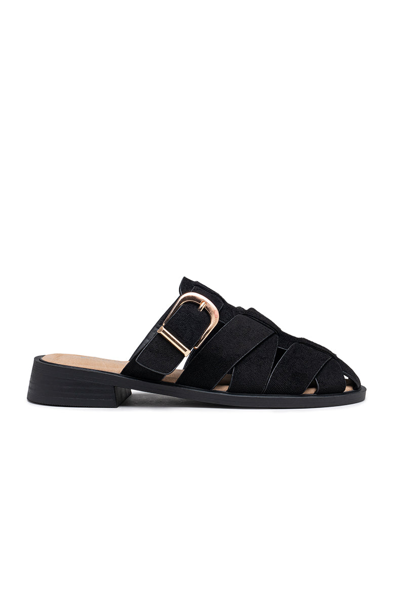 Mules plates avec brides croisées et boucle dorée, noire