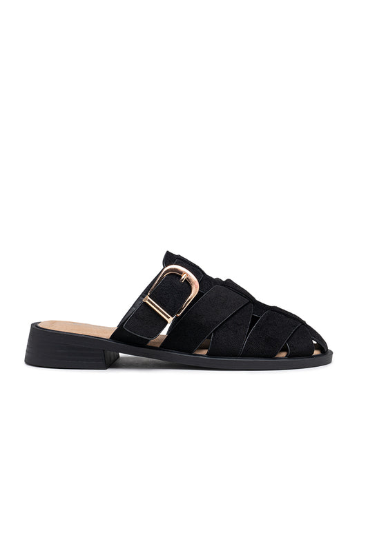 Mules plates avec brides croisées et boucle dorée, noire