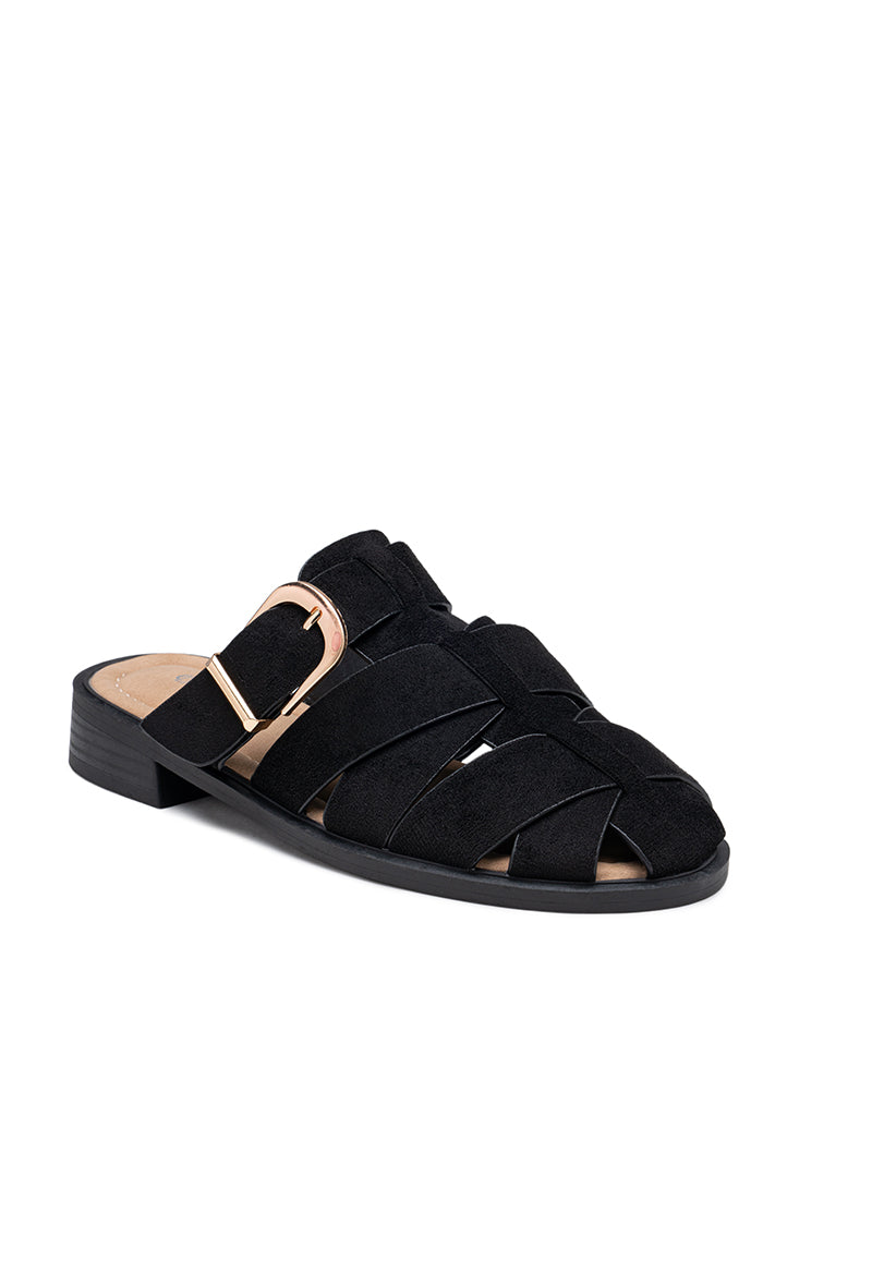 Mules plates avec brides croisées et boucle dorée, noire