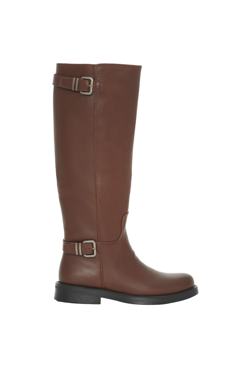 Bottes Marron cavalière à sangles, talon plat