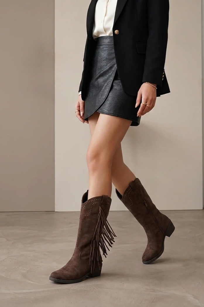 Bottes Mi-Mollet à Franges et Clous Style Santiags, Marron