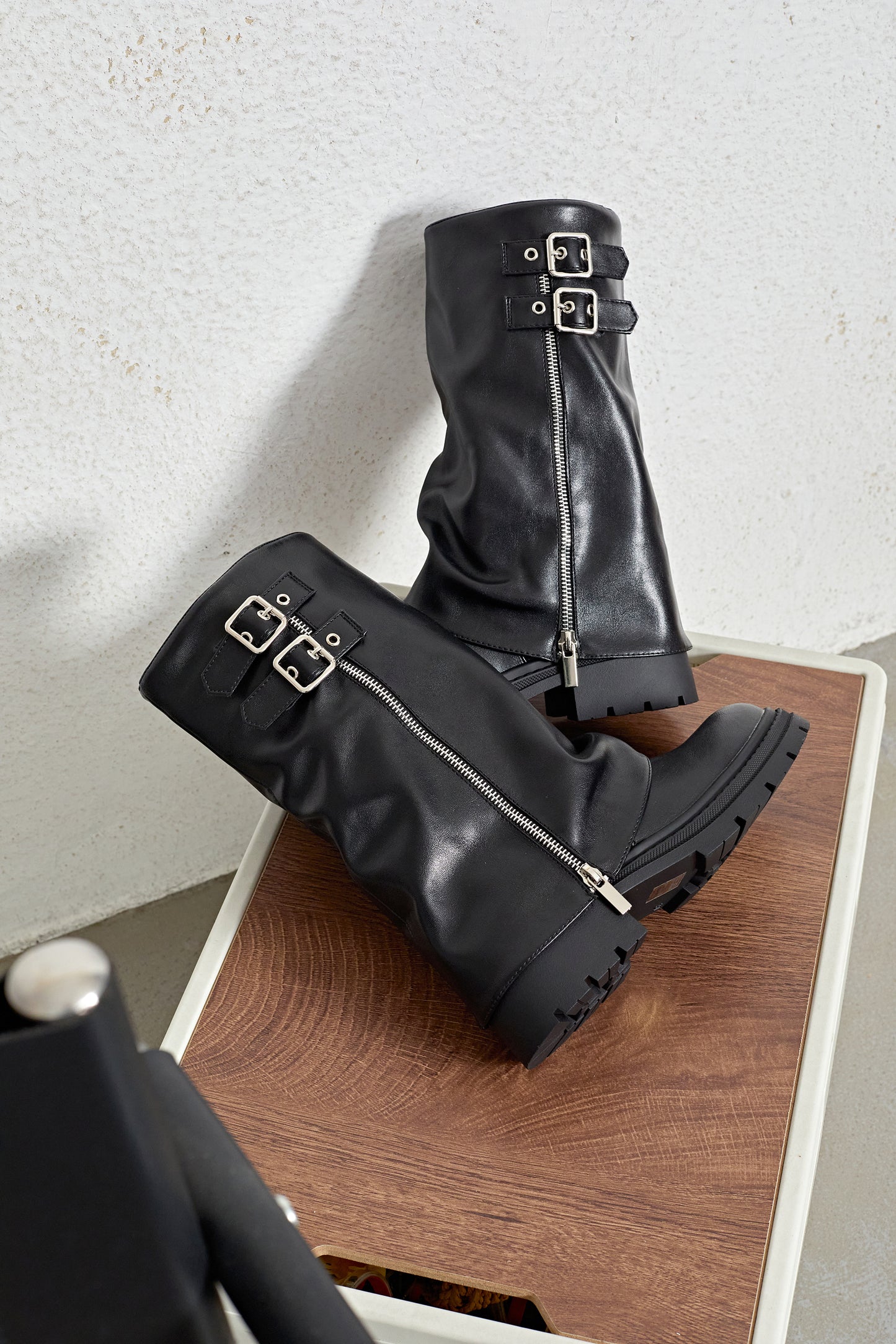 Biker Boots guêtre avec boucles Plateforme, Noir