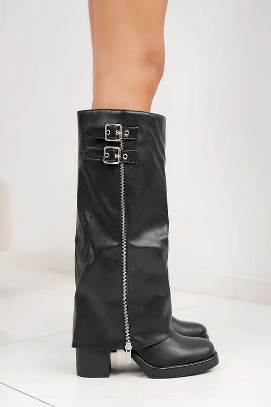 Biker Bottes guêtre à talons bloc avec boucles, Noir