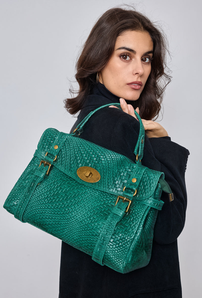 Grand sac cabas cuir avec bandoulière, Vert Foncé