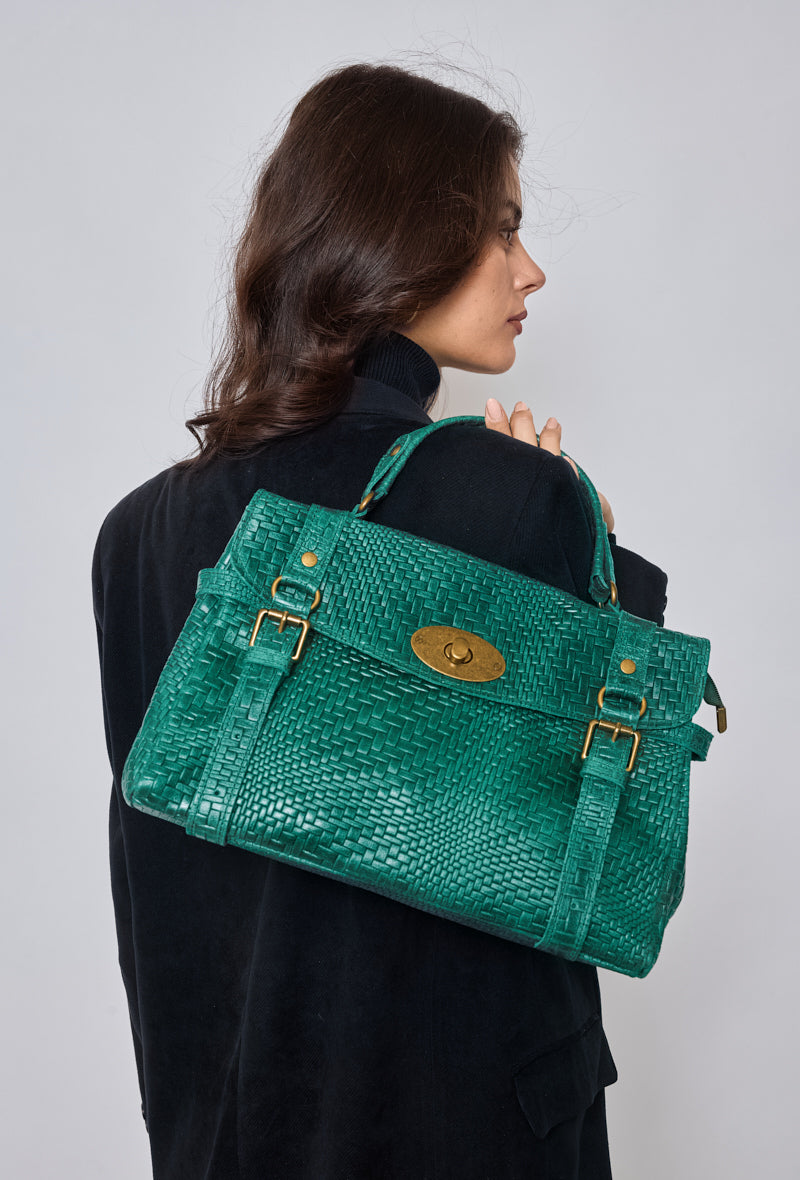 Grand sac cabas cuir avec bandoulière, Vert Foncé