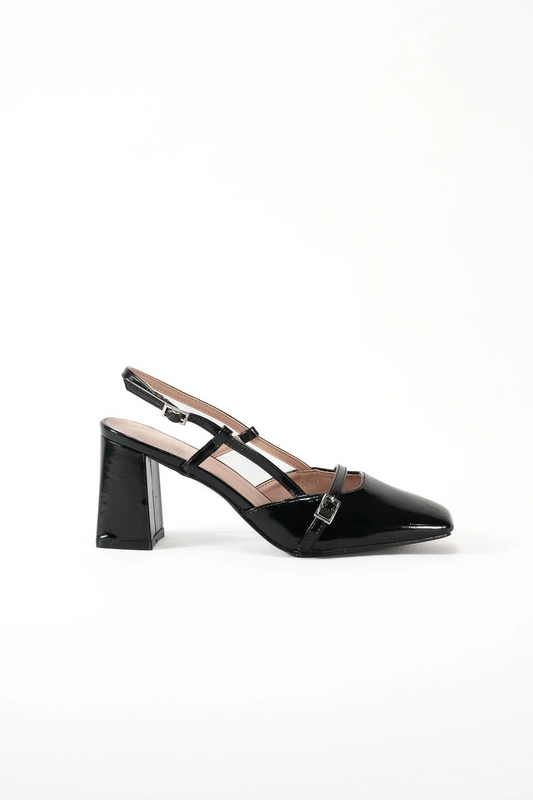 Escarpins avec bride boucles talon ouvert, Noir vernis