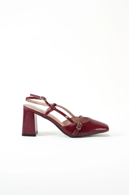 Escarpins avec bride boucles talon ouvert, Bordeaux verni