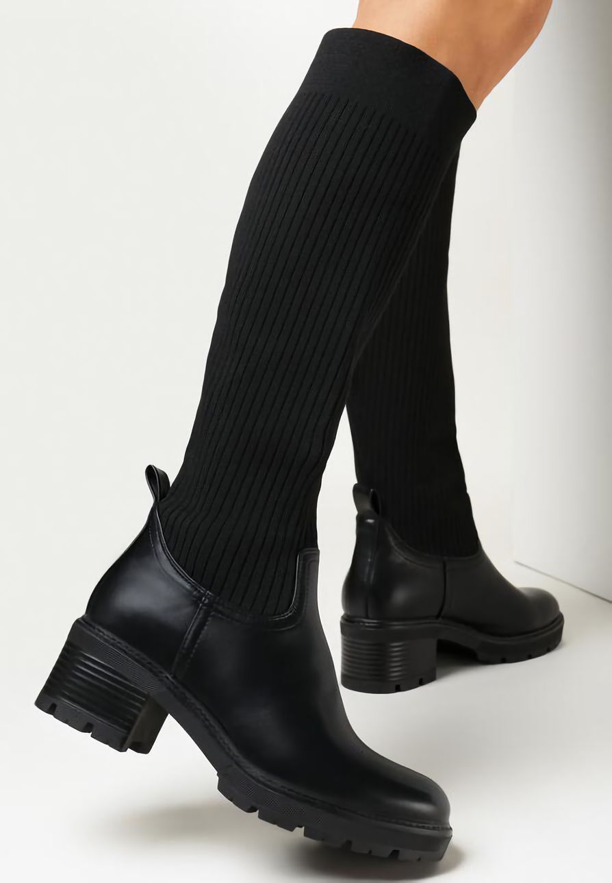 Bottes chaussettes femmes Noir, semelle crantée