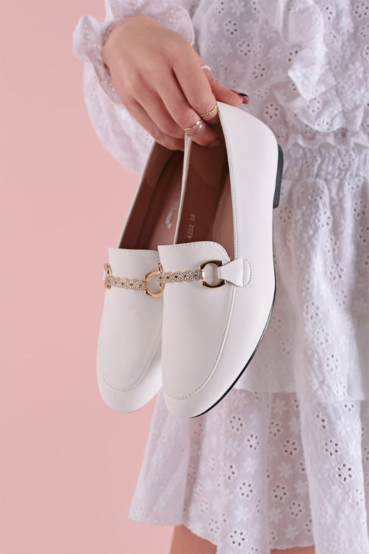 Mocassins femmes en similicuir avec chaine , Blanc