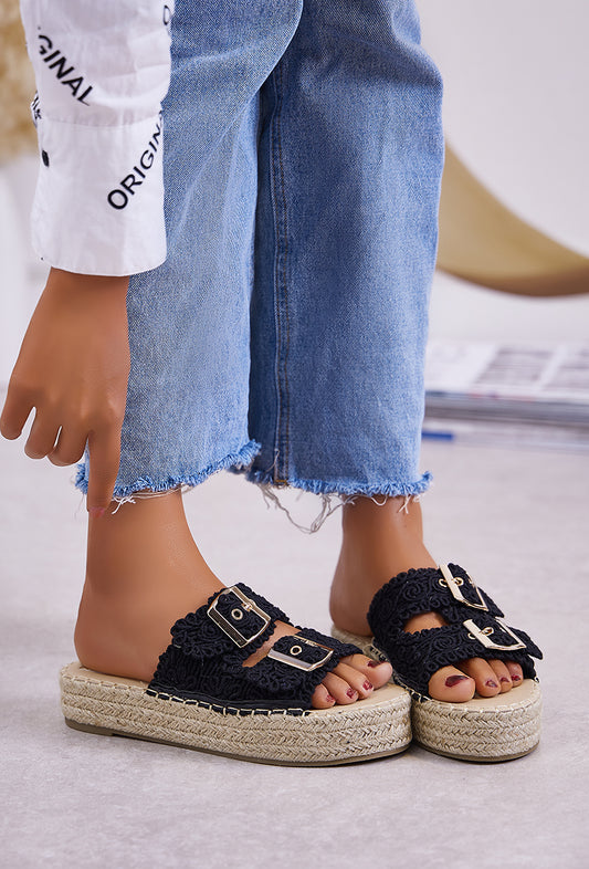 Mules espadrilles femmes à deux brides, Noir