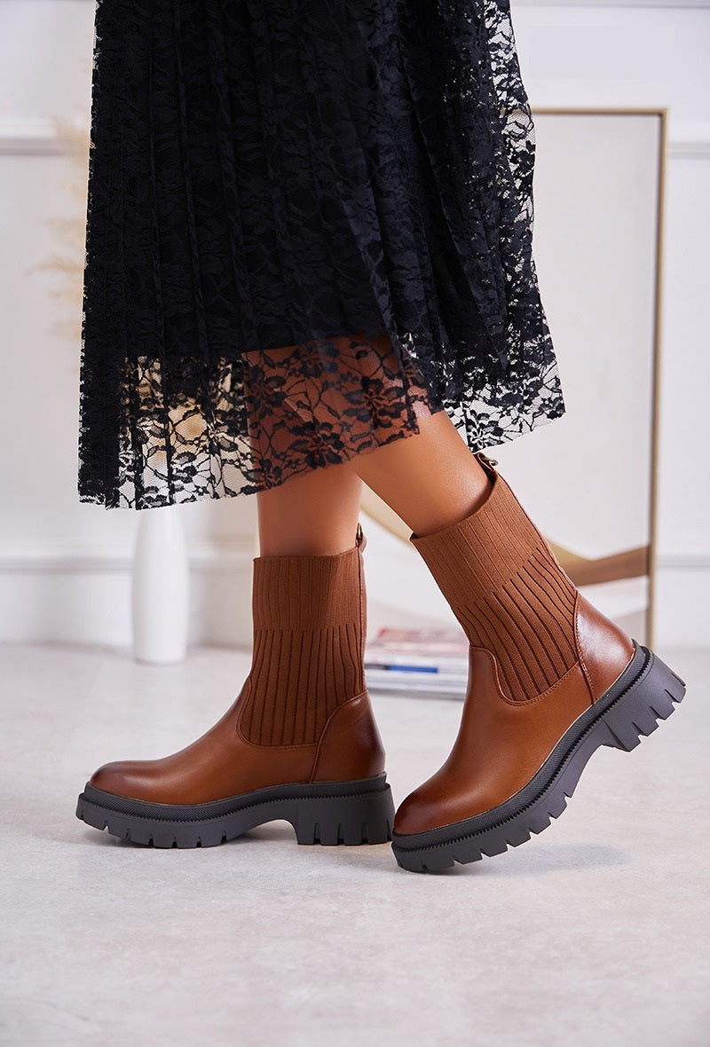 Boots Chelsea camel plateforme tige fa on chaussette VERA